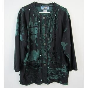 Tienda Ho Free Size Green Velvet Black Button Front Jacket Textured Pockets